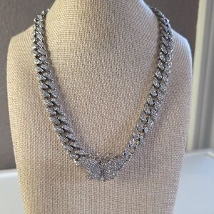 Iced Out Cuban Link Silvertoned Chain Necklace With Butterfly Sliding Pendant